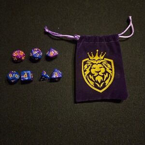 Purple Blue Swirl Dice Set with Lion Crest Bag Dungeons & Dragons RPG Gaming